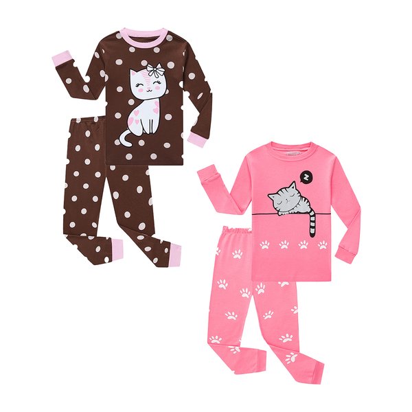 Family Feeling 4 Piece Little Girls Cat Pajamas Long sleeve 100% Cotton Kid 4T