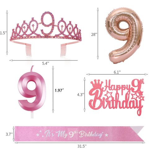 9th Birthday Decoration for Girl,It's My 9th Birthday Sash Rhinestone Crown Happy Birthday Cake Topper Foil Balloon for Girls Birthday Gift Party Decorations Supplies (Rose 9th)