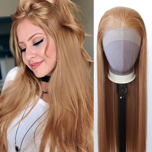 zigzag hair Strawberry Blonde Wig Long Straight Honey Brown Blonde Synthetic Lace Front Wigs Pre ...