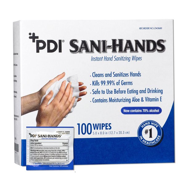 Sani-Hands Instant Hand Sanitizing Wipes - Ethyl Alcohol Wipes with Aloe, Vitamin E, Wrapped for Travel, Home, Outdoor - Individual Packet, 5 in. x 8 in., 100 Wipes, 1 Pack