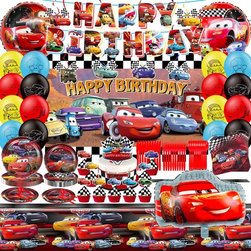Cars Party Decorations, Cars Birthday Decorations Include Banner, Cupcake Toppers, Cars Balloons, Tablecloth, Tableware, Backdrop for Cars Birthday Party Supplies