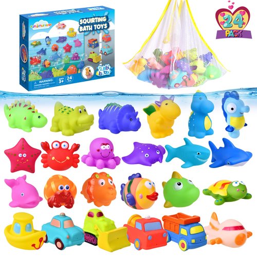 FUN LITTLE TOYS 24 Pcs Bath Toys for Toddlers, Sea Animals & Cars Squirter Bath Toys, No Mold Bathtub Toys with Storage Bag , Baby Bath Toys for Pool, Toddler Bath Toys for Kids Party Favors Age1-3