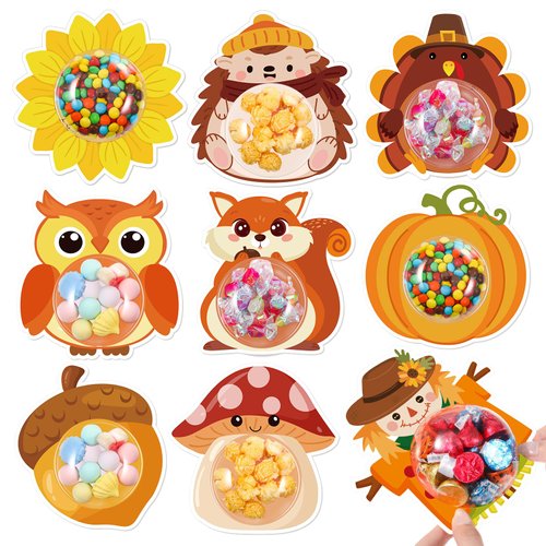 Blosssound 36 Sets Fall Candy Holder Domes DIY Thanksgiving Candy Greeting Cards Pumpkin Scarecrow Sunflower Harvest Candy Cards with Domes for Autumn Holiday Candy Gifts Cards Supplies, 9 Styles