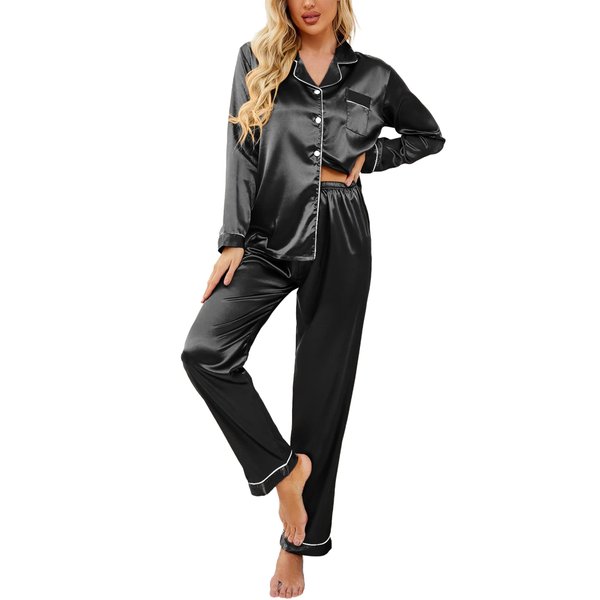 Ekouaer Women's Satin Pajama Set 2-Piece Sleepwear Loungewear Long Sleeve Button Down Pj Set(02 Black,Medium)