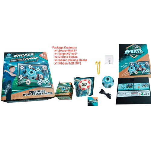 eMart4U Children’s Soccer Set Fun Game Perfect for Indoor or Outdoor Play 8+pcs/Set. 6” Adhesive Soccer Ball, Stakes and Sticking Hooks and Target 60”x40” (Blue)
