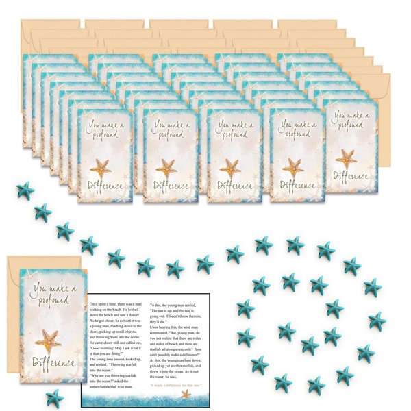 Smiling Wisdom - Bulk 30 Gift Sets - Starfish Story You Make a Difference - Employee Appreciation Mini Greeting Card and Keepsakes - 90+ Pcs (Starfish - Kraft Envelopes)