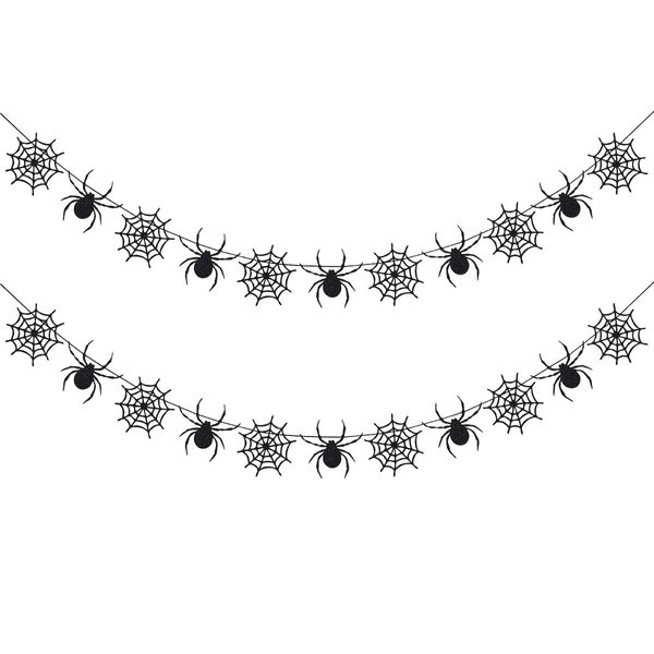 2Pcs Black Glitter Spider Garland Halloween Spider Banner, Hanging Spider Web Banner Spiderweb Garland for Haunted Mansion Home Mantle Fireplace Halloween Party Decorations