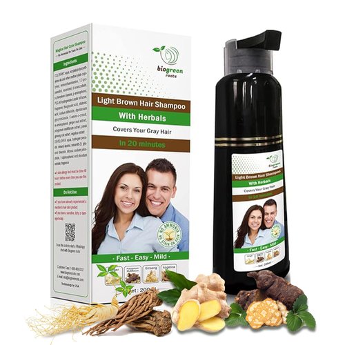 Biogreen Roots Ammonia-Free Herbal Hair Shampoo - Effectively Covers Gray Hair for Men and Women - Natural Color and Herbal Nourishment - No Stain on Skin - Light Brown (200 ml)