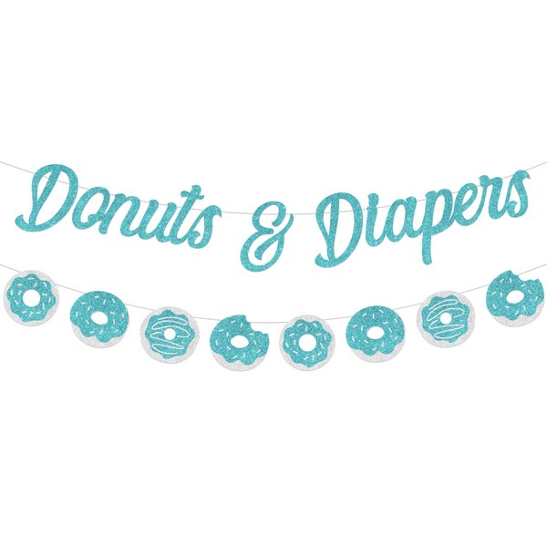 Sursurprise Donuts Baby Shower Decorations, Donuts & Diapers Banner Garland Teal for Boys and Girls Baby Sprinkle Decorations Party Supplies