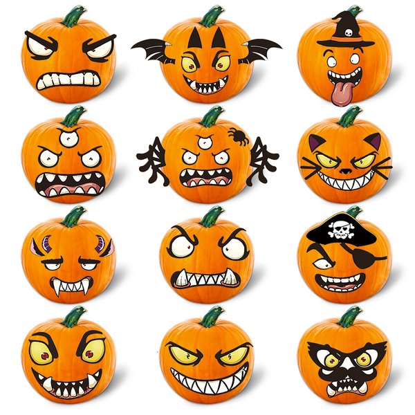 Halloween Pumpkin Decorating Kits,12 Sheets,66 Pcs,Makes 24 Pumpkins(12 Designs)- Halloween Party Supplies Trick or Treat Party Favors