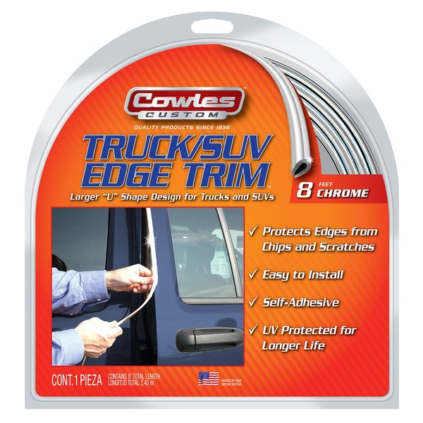 Cowles - 8 Feet of Chrome Truck/SUV Door Edge Guards, U-Shape PVC Edge Trim Stays on with Self Adhesive Hot Melt Glue Protects from Scratches/Dings and Opening into Walls or Other Cars