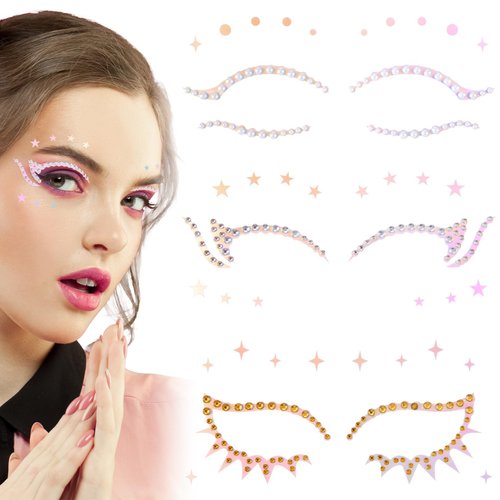 OIIKI 3 Sheets Eye Gems Stickers, Acrylic Face Makeup Rhinestones, Colorful Star Pearl Gems Eye Face Jewels, Halloween Glitter Eye Tattoo Stickers for Women Girls for Parties, Festivals