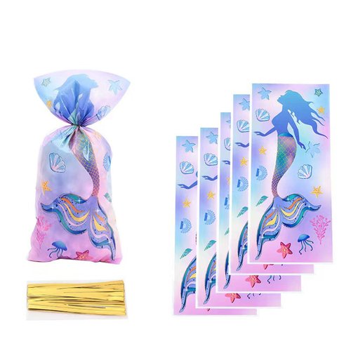 LYK 50PCS Mermaid Party Bags Plastic Mermaid Goodie Bags Mermaid Tail Themed Treat Favor Bags Candy gift Bags for Mermaid Birthday Girls Sea Themed Party