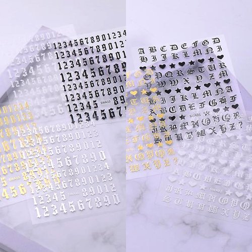 12 Sheets English Letters Number Nail Art Stickers 3D&5D Old Retro Alphabet Gold Silver Black White Nail Decals with Manicure Tools DIY Manicure Decoration for Women&Girls Nail Salon (AZ04-12)