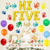 Hi Five Birthday Party Decorations Boy Girl - 5th Birthday Decorations Balloon Garland Kit with Hi Five Foil Banner, Handprint Sticker Glitter Cake Topper for Five Birthday Party