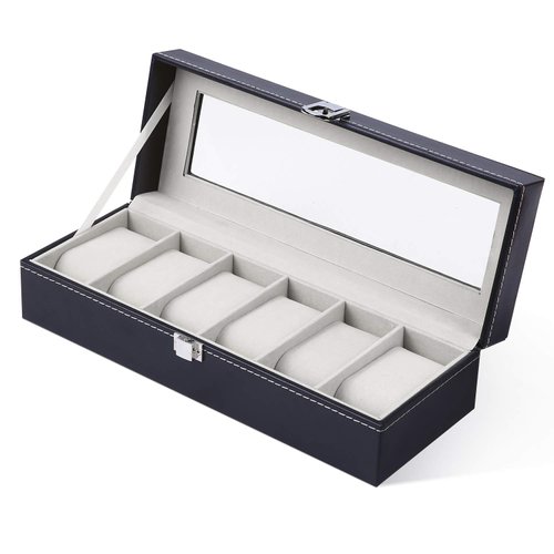 Ohuhu Watch Box Organizer for Men, Watch Case 6 Slot PU Leather Watch Holder Real Glass Lid Jewelry Organizer Storage Soft velvet Watch Display Case for Men and Women Perfect Birthday Gifts