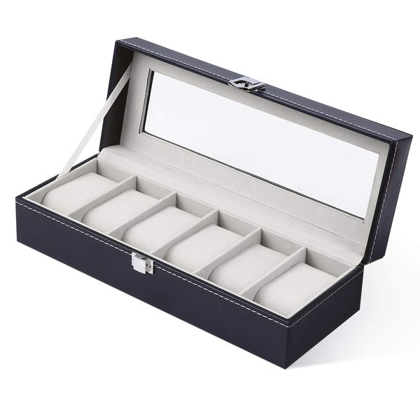 Ohuhu Watch Box Organizer for Men, Watch Case 6 Slot PU Leather Watch Holder Real Glass Lid Jewelry Organizer Storage Soft velvet Watch Display Case for Men and Women Perfect Birthday Gifts