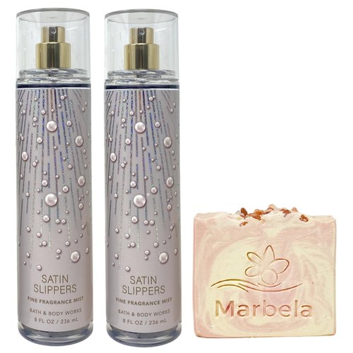 Bath & Body Works Satin Slippers Fine Fragrance Mist 2 Pack With a Himalayan Salts Springs Sample Soap.