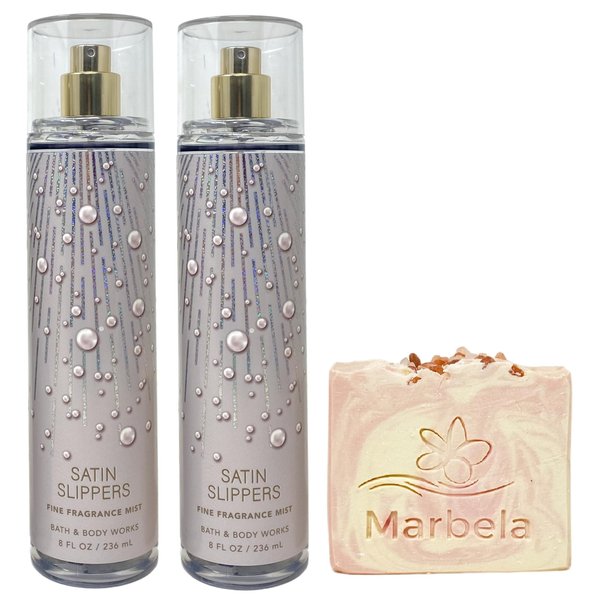 Bath & Body Works Satin Slippers Fine Fragrance Mist 2 Pack With a Himalayan Salts Springs Sample Soap.
