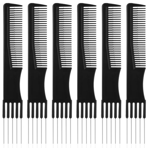 6 PCS Carbon Lift Comb with Metal Pick, Black Teasing Comb for Fine Hair with Metal Prong, Hair Picks Comb Teasing Lifting Fluffing Comb with 5 Stainless Steel Pins for Women Hair Styling Hair Salon