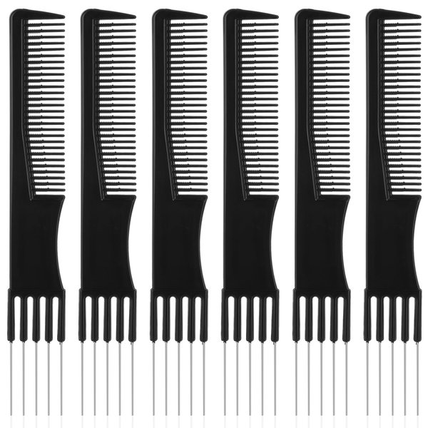 6 PCS Carbon Lift Comb with Metal Pick, Black Teasing Comb for Fine Hair with Metal Prong, Hair Picks Comb Teasing Lifting Fluffing Comb with 5 Stainless Steel Pins for Women Hair Styling Hair Salon