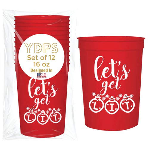 Christmas Cups, Lets Get Lit, Set of 12, 16 Oz Each Christmas Plastic Cups, Holiday ups, Christmas Party Favors Adults, Christmas Party Cups, Christmas Decorations
