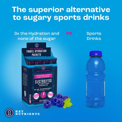 KEY NUTRIENTS Electrolytes Powder Packets 20 Pack - No Sugar, Delicious Blue Raspberry, Hydration Packets with Electrolyte Powder for Refreshing Electrolyte Drink Mix Packets - Zero Calories