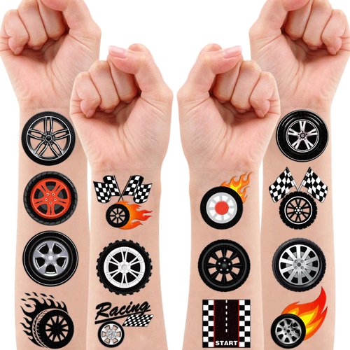 100 PCS Wheel Tire Checkered Flag Temporary Tattoos Themed Birthday Party Decorations Favors Supplies Décor Race Car Black And White Tattoo Stickers Gifts For Game Boys Girls Classroom School Prizes