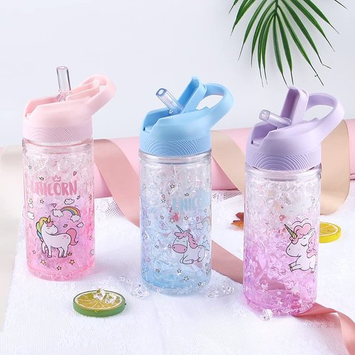 XinHuiGY Unicorn Water Bottles for Girls,Cute Cup with Straw and Safety Lock, Outdoor Pink Water Bottle with shoulder strap,13.5oz bottle for sport school, Kawaii water bottle for unicorn girl boy