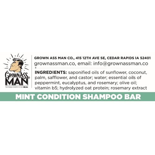 Grown Ass Man Co. - Solid Shampoo Bar Rich Lather 3 in 1: Hair, Beard & Body Wash - Plastic Free & Eco-Friendly, Natural & Organic Clean for All Hair Types, 4oz Bar (Mint Condition, Single)