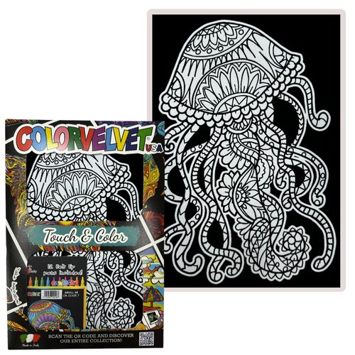 Jellyfish Velvet Coloring Poster for Kids and Adults- Arts and Craft Kit Includes a 11.75” x 8.25” Picture and 12 Watercolor Markers- Ideal for Travel- Boys and Girls 3+
