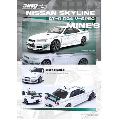 1:64 Scale Diecast Model Car Compatible with Inno64 Nissan Skyline GT-R R34 V-Spec N1 Tuned by Mine's Limited Edition IN64-R34VS-MINES