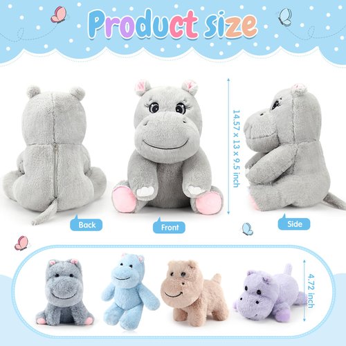 HyDren 5 Pieces Hippo Plush Toys Set Mom Hippo Stuffed Animals with 4 Small Hippo Plushies in Her Tummy Soft Cute Birthday Gifts Operation Christmas Bulk Items for Boys Girls Hippo Lovers