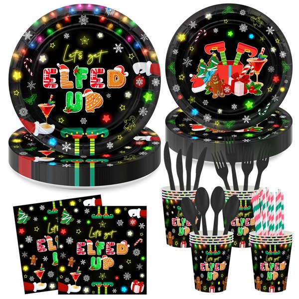 Avezano 192 Pcs Christmas Paper Plates and Napkins Let's Get Elfed Up Party Decorations Christmas Disposable Tableware for 24 Guests