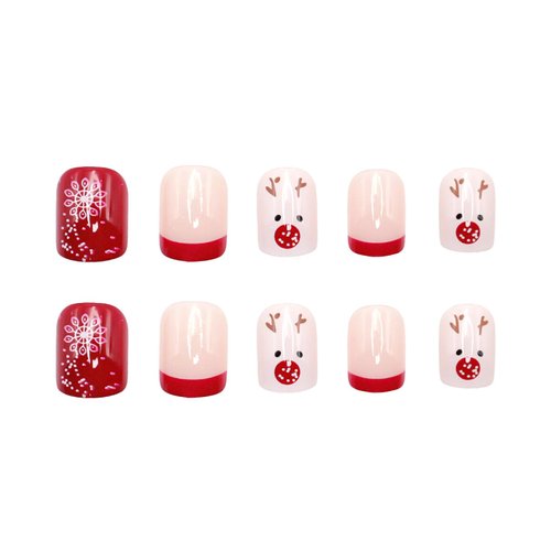 Christmas Short Square Fake Acrylic Nails with Red French Tip, Snowflake Designs, and Winter Xmas Nail Art for Women and Girls
