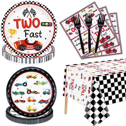 81Pcs Two Fast Race Car 2nd Birthday Party Decorations - Race Car Plates, Napkins, Tablecloth for Boys Kids' Two Year Old Party Race Car Birthday Party Supplies, Serves 20 Guest (Two Fast-20 set)