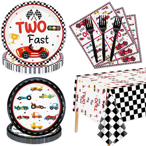 81Pcs Two Fast Race Car 2nd Birthday Party Decorations - Race Car Plates, Napkins, Tablecloth for Boys Kids' Two Year Old Party Race Car Birthday Party Supplies, Serves 20 Guest (Two Fast-20 set)