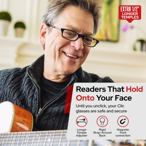 Clic Magnetic Reading Glasses, Computer Readers, Replaceable Lens, Original Long, (M-L, Black, 3.00 Magnification)