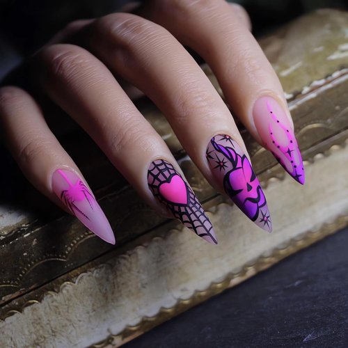 Almond Halloween Press on Nails Purple Fake Nails Full Cover Ghost Spider Web Design Glue on Nails Long Stiletto Acrylic Nails Cute Halloween Artificial Nails Press ons for Women Manicure DIY 24Pcs