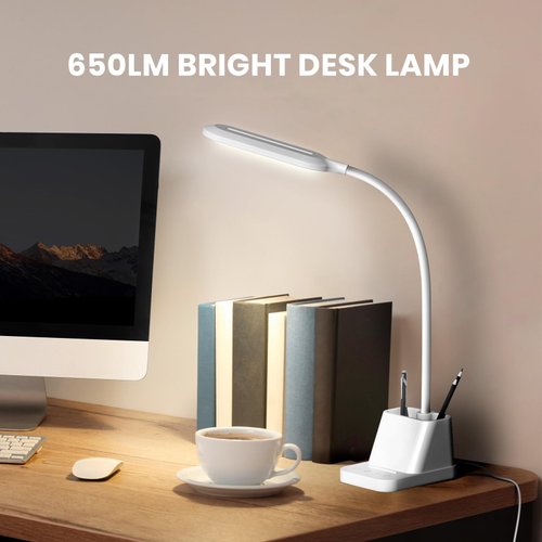 AXX White Desk Lamp, Gooseneck LED Desk Lamp for Kids - Desk Lights for Home Office - USB Charging Port, 650LM, Modern, Pen Holder - Reading Lamp for Bedroom Study Lamp for College Dorm Room