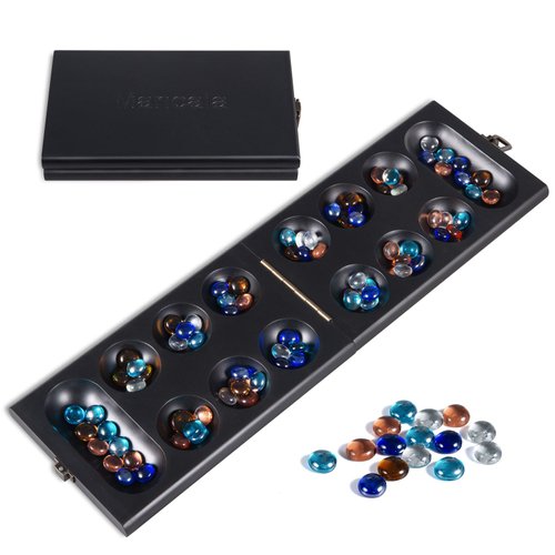 BIVOMON Wooden Mancala Board Game-Classic Table Games-72+8 Bonus Multicolored Glass Stones-Portable Travel 2 Player for Kids & Adults