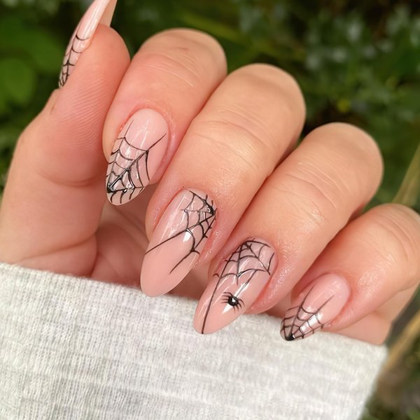 Mkwntg Halloween Press on Nails Short Almond Fake Nails Horror Nude Pink Glue on Nails with Spider Designs False Nails Glossy 3D Spider Web French Tip Full Cover Stick on Nails for Women Girls 24Pcs