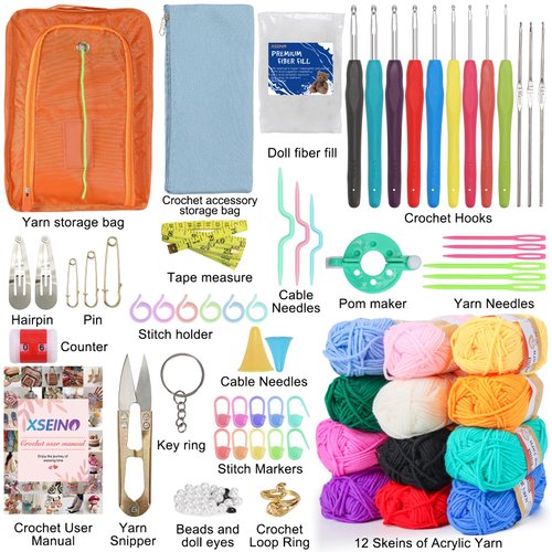 XSEINO Crochet Kit with Step-by-Step Video Tutorials，Premium Bundle Includes 12 Roll x50Yard Acrylic Yarn Balls, 12 Crochet Hooks, Crochet Bag and All Accessories Kit, Crochet Kit for Beginners