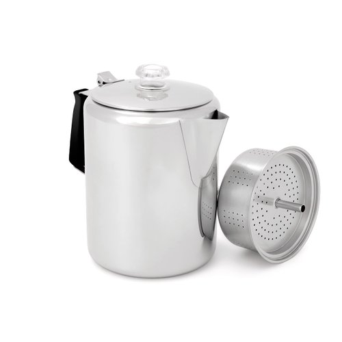 GSI Outdoors Percolator Coffee Pot I Glacier Stainless Steel with Silicone Handle for Camping, Backpacking, Travel, RV & Hunting - Stove Safe - 12 Cup