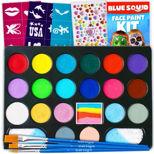 Blue Squid Face Painting Kit for Kids – 24 Colors 160pc Face Paint Kit, Hair Chalk, Stencils, Skin Safe, Non Toxic Face Painting Kit for Kids Halloween Makeup Kit