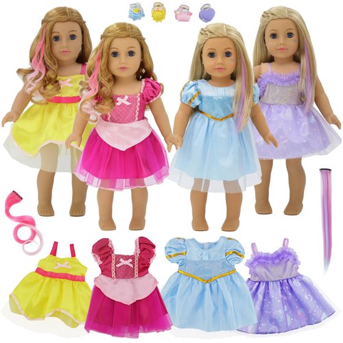 18 Inch Doll Clothes and Accessories 11 PCS Pretend Makeup Priness Costume Playest Including 4 Priness Dresses,2 Wigs, 4 Hairpins,1 Sequin(No Doll) (4 Princess)