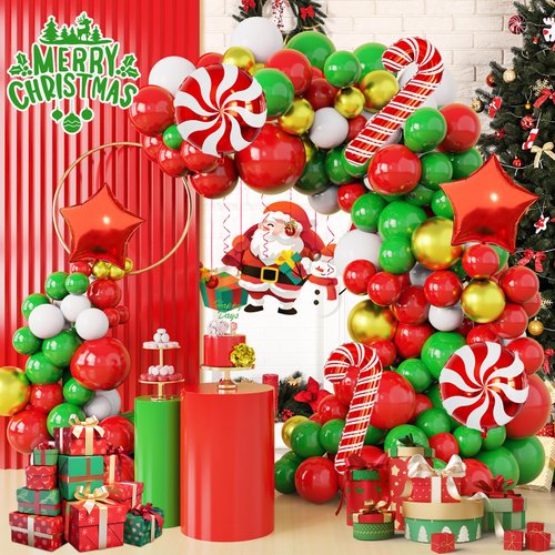 Christmas Balloons Arch Kit, Christmas Balloon Garland Candy Cane Foil Balloons Red White Green Gold Balloons for Merry Christmas Xmas Party Decorations Supplies
