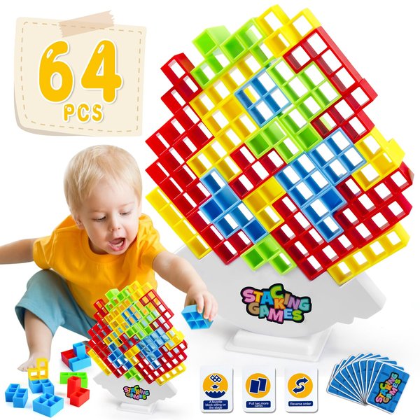 KISPATTI 64PCS Stacking Game, Fun Stack Attack Board Game, Team Tower Game for Kids & Adults, 2 Players Building Blocks Balance Stacking Toys for Family Games Night, Parties, Travel
