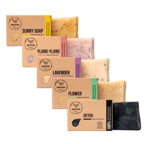 SoapFactory Natural Soap Bar Set, Variety Pack with Activated Charcoal, Lavender, Ylang Ylang, Lemongrass and Turmeric, Organic Certified, Vegan, Handmade (5 Pack)
