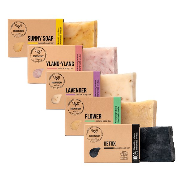 SoapFactory Natural Soap Bar Set, Variety Pack with Activated Charcoal, Lavender, Ylang Ylang, Lemongrass and Turmeric, Organic Certified, Vegan, Handmade (5 Pack)